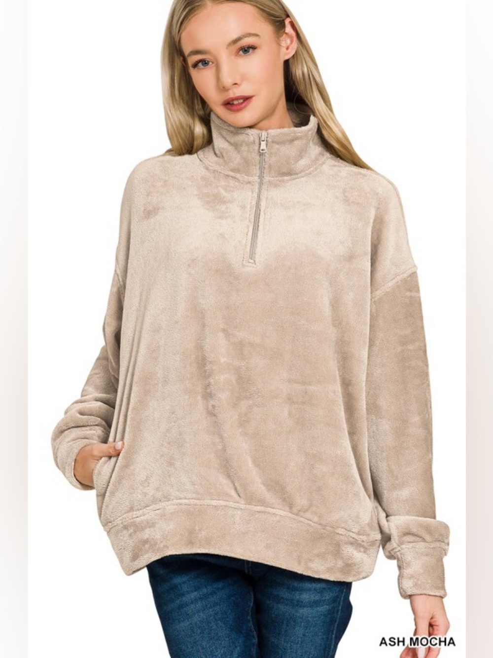 NWT Zenana Faux Fur Ash Mocha Half Zip Pocket Pullover Soft Long Sleeve Top